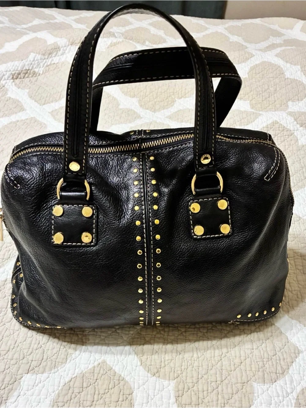 Michael Kors Studded Astor Satchel Black & Gold Soft Leather CLEAN